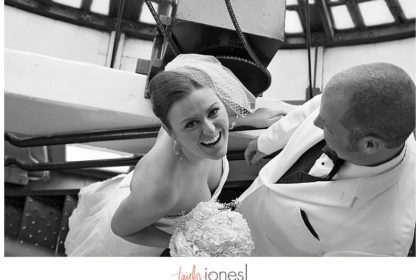 Gies29 Bride and groom in staircase at Denver Clock Tower Wedding