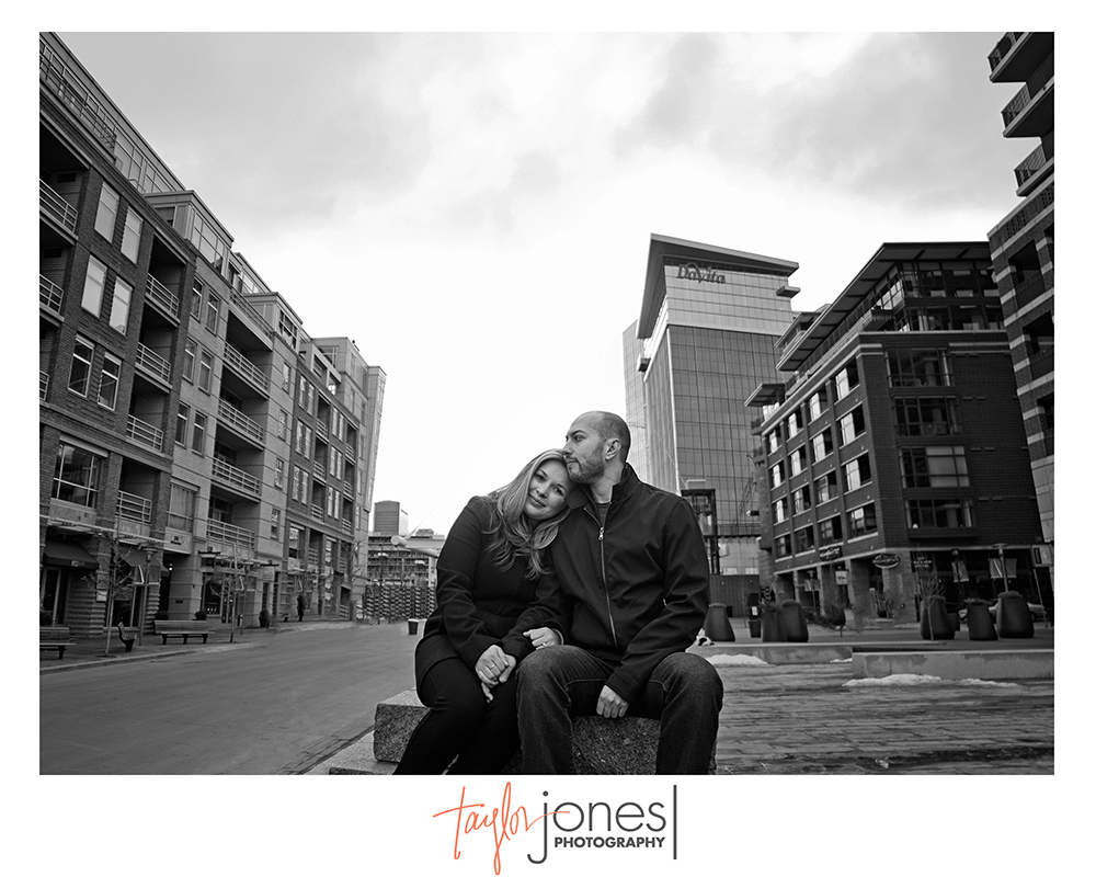 Downtown Denver engagement shoot, wide angle, black and white