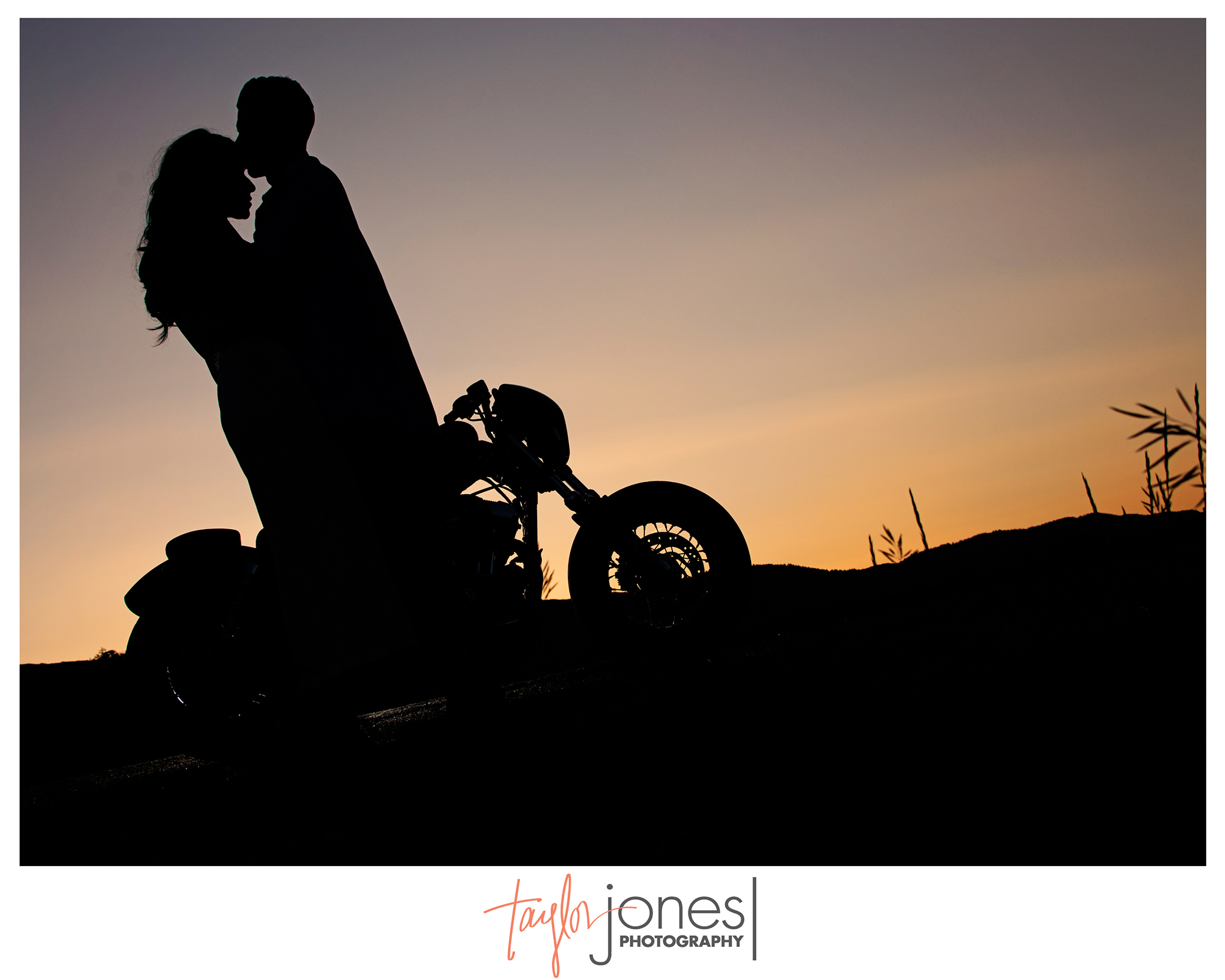 Sunset photo with couple and motorcycle