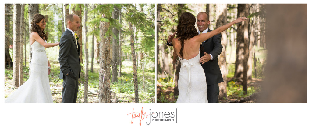 First look photos with bride and groom at Breckenridge wedding at the Ten Mile Station, summer wedding photographer
