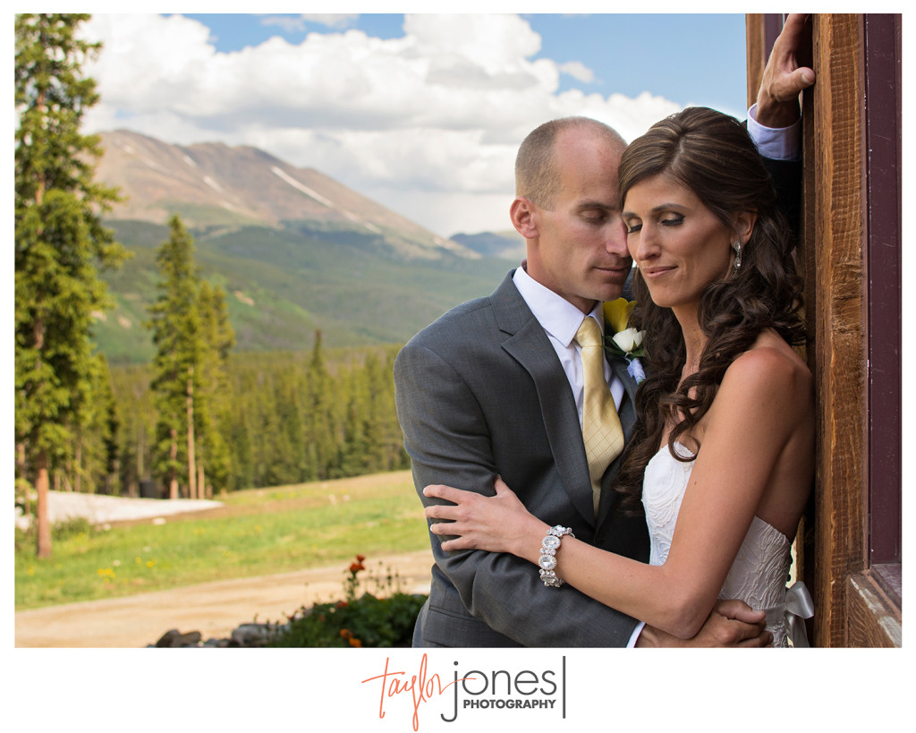 Mountain wedding, Colorado wedding with peaks behind bride and groom 