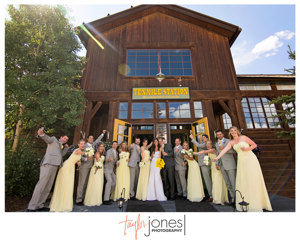 Bridal party in gray and yellow at the Ten Mile Station 