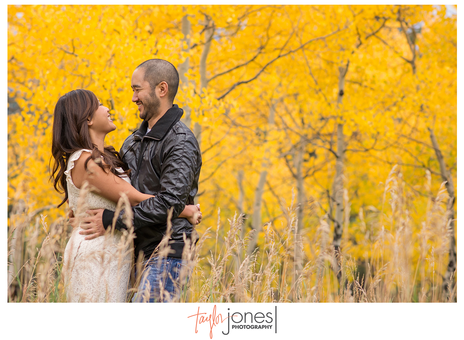 Couple in fall aspen leaves engagement shoot in Golden Gate Park