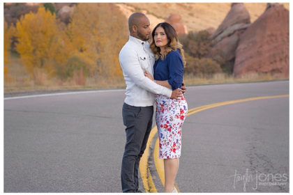 2015-01-28_0018 Colorado Springs wedding photographer with couple at South Valley Park at sunset, couple in the road, red rocks