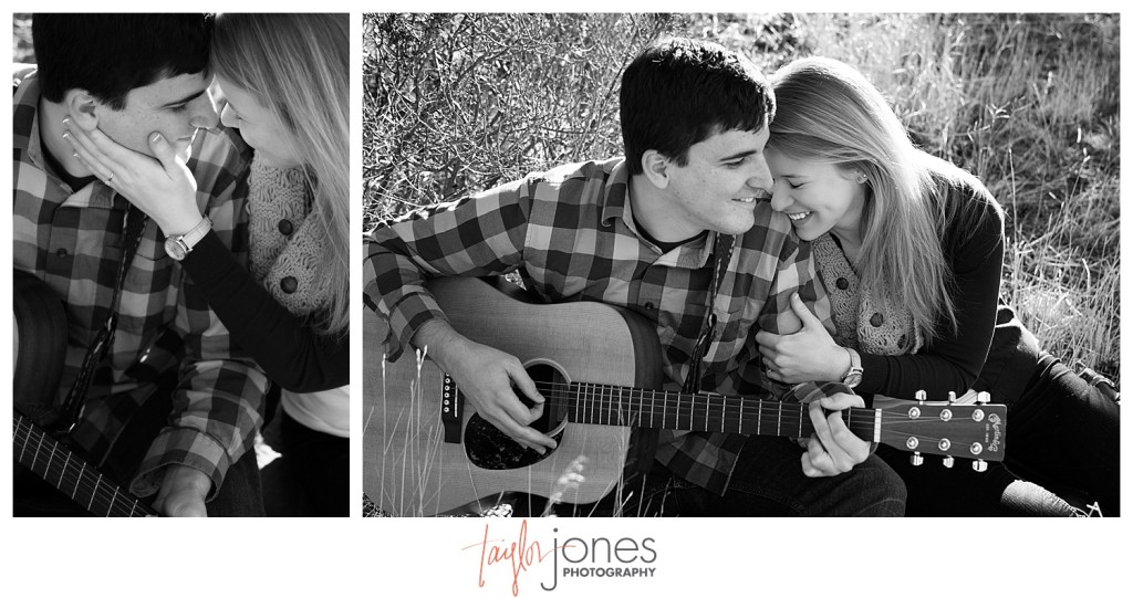 couple sitting in a field in Evergreen playing guitar engagement shoot in winter