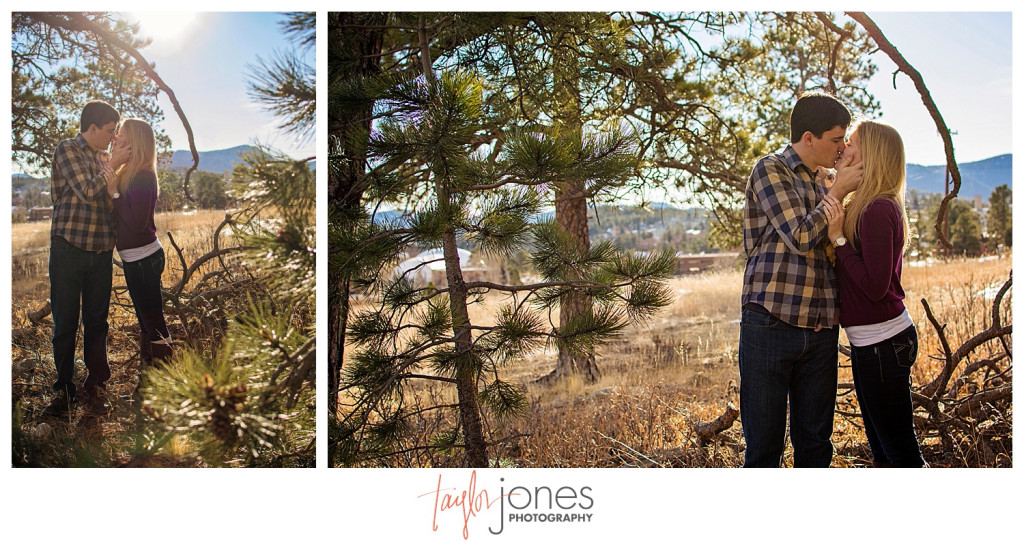 Couple kissing in Evergreen Colorado engagement shot