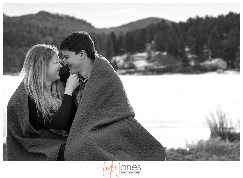 Black and white image at Evergreen Lake house engagement shoot