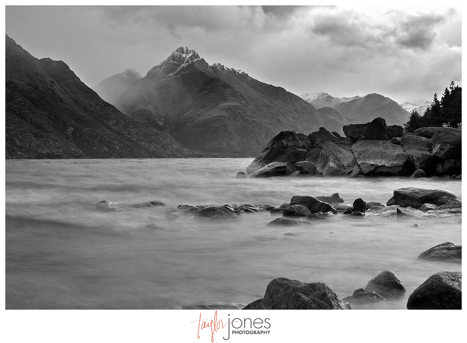 Black and white image of the Remarkables in Queenstown, New Zealand