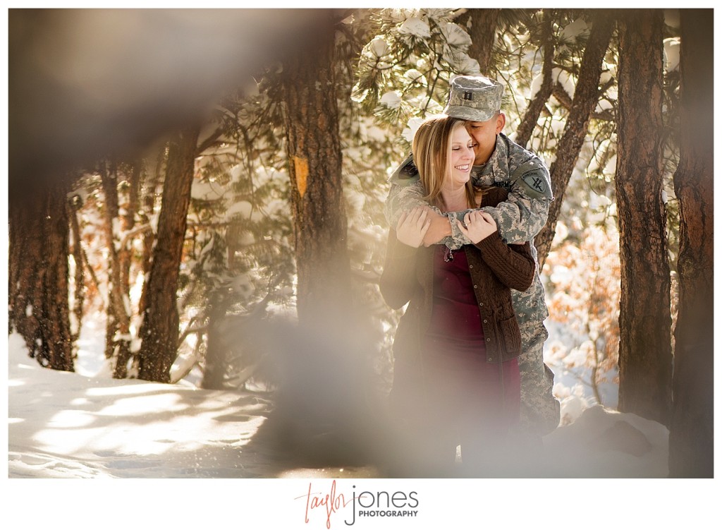 Army couple engagement shoot at Mt. Falcon, couple in trees