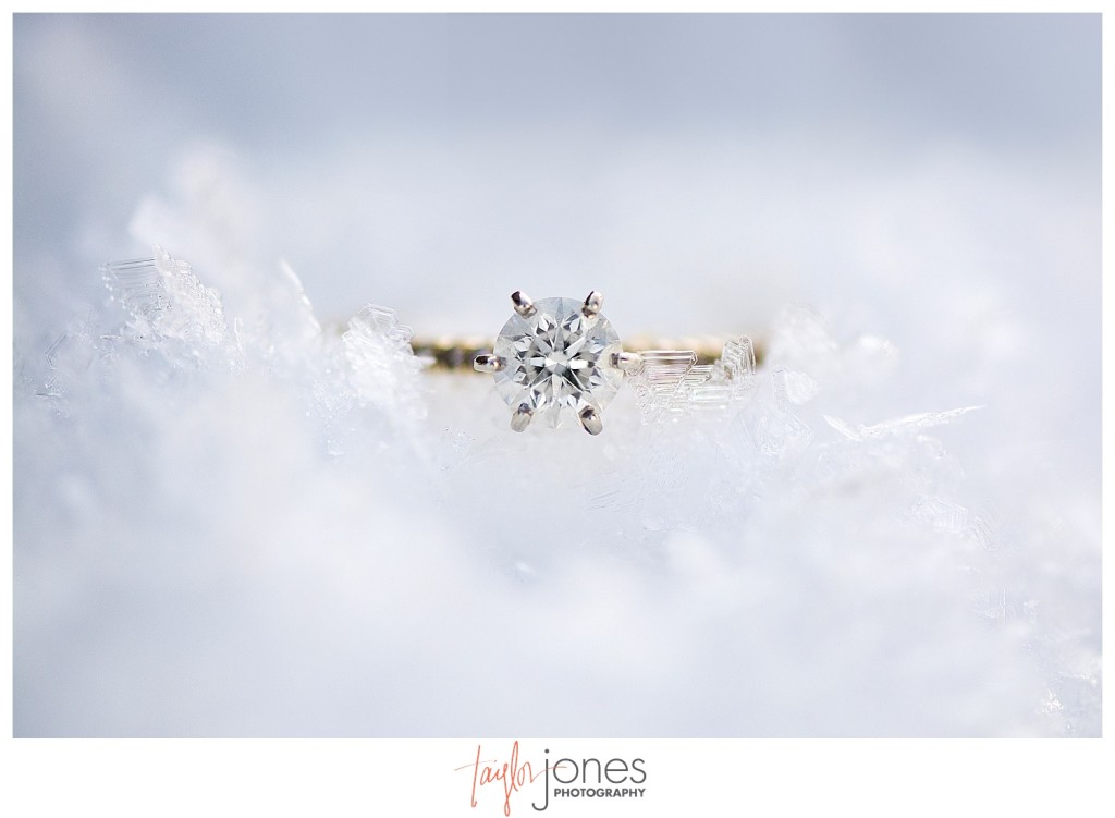 Ring shot on snowflakes at Colorado engagement shoot