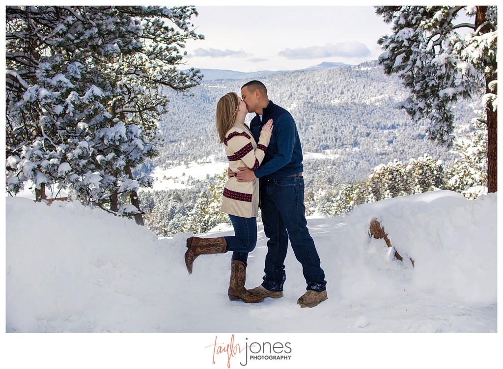Winter engagement shoot at Mt. Falcon with mountains in background