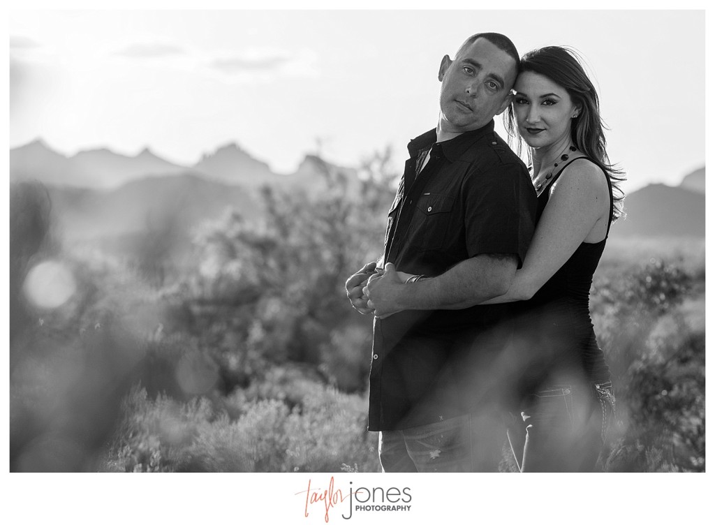 Black and white image of couple at Lost Dutchman State park 