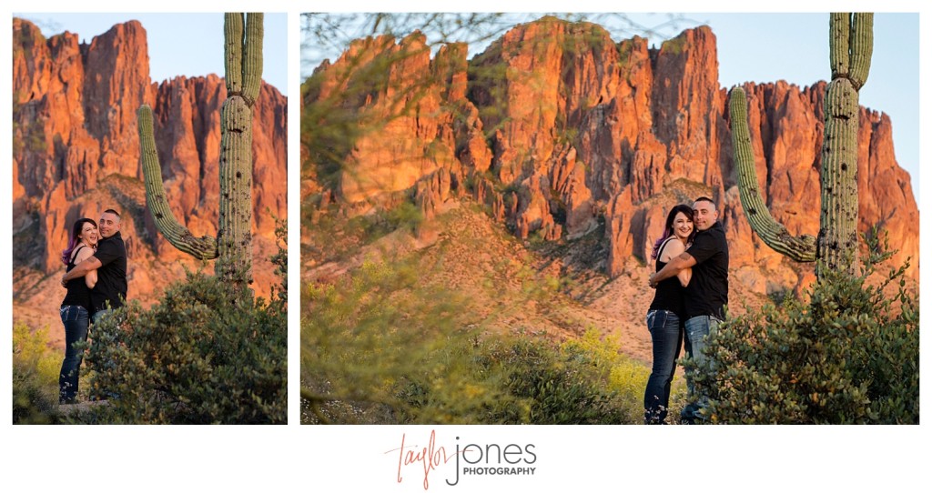 Couple kissing at engagement shoot, the Superstition Mountains