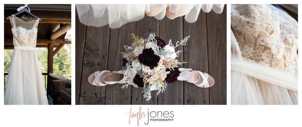 Black Canyon Inn Estes Park wedding dress, flowers, and shoes