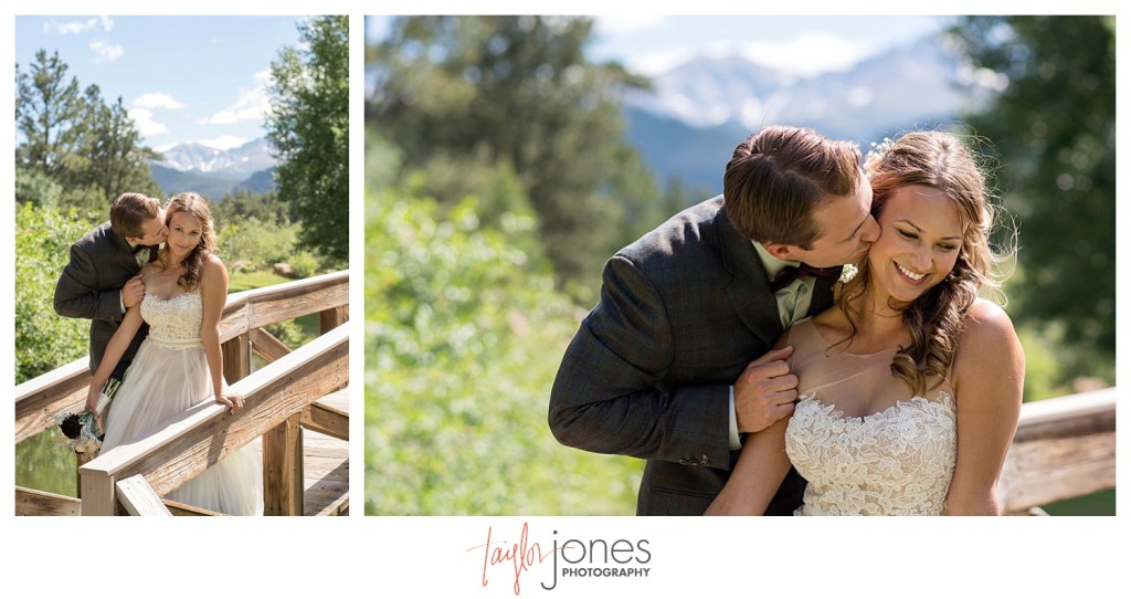 Black Canyon Inn Estes Park wedding first look with bride and groom on a bridge