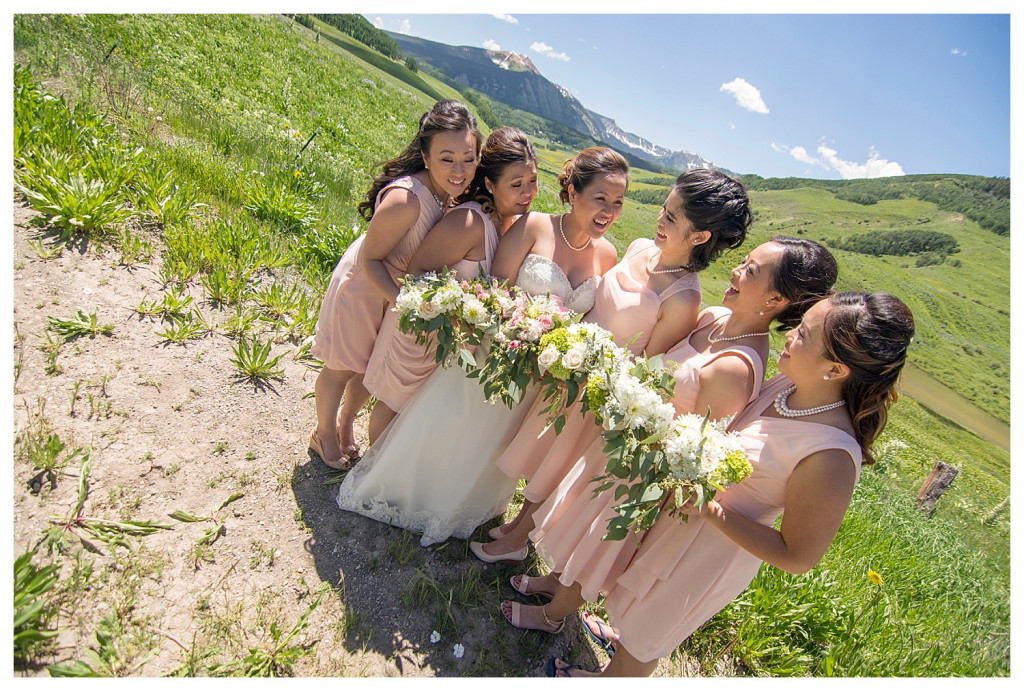Crested Butte Colorado summer wedding bride and brides maids at Elk Mountain Range