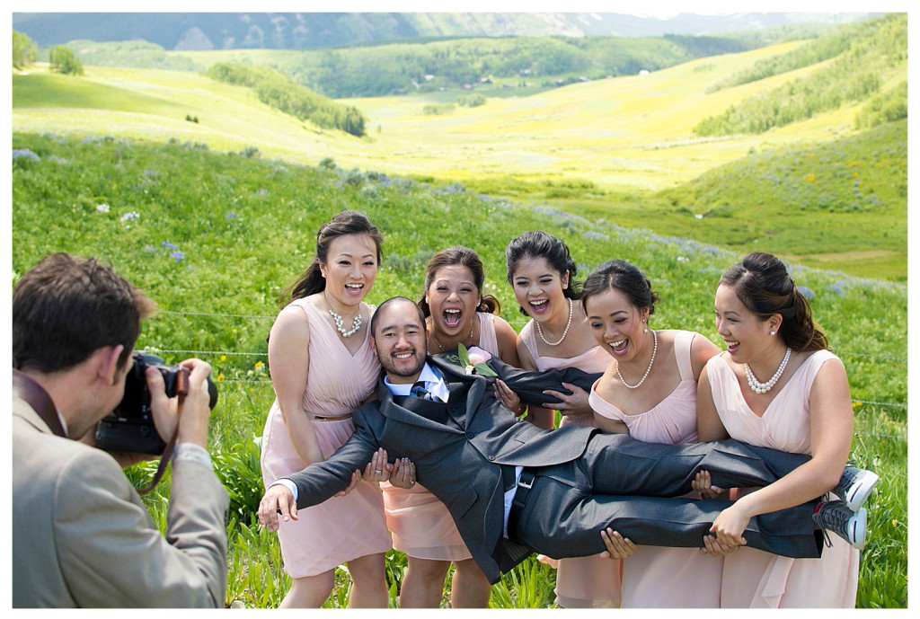 Crested Butte Colorado summer wedding groom and brides maids at Elk Mountain Range