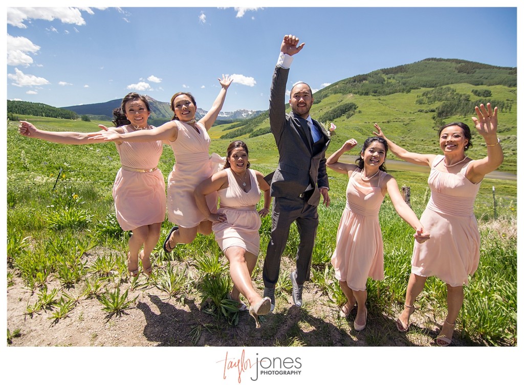 Crested Butte Colorado summer wedding groom and brides maids at Elk Mountain Range