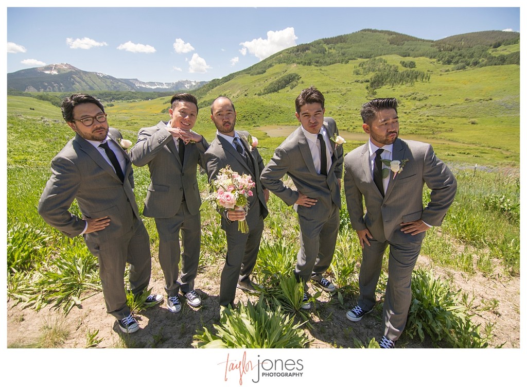 Crested Butte Colorado summer wedding groom and groomsmen at Elk Mountain Range