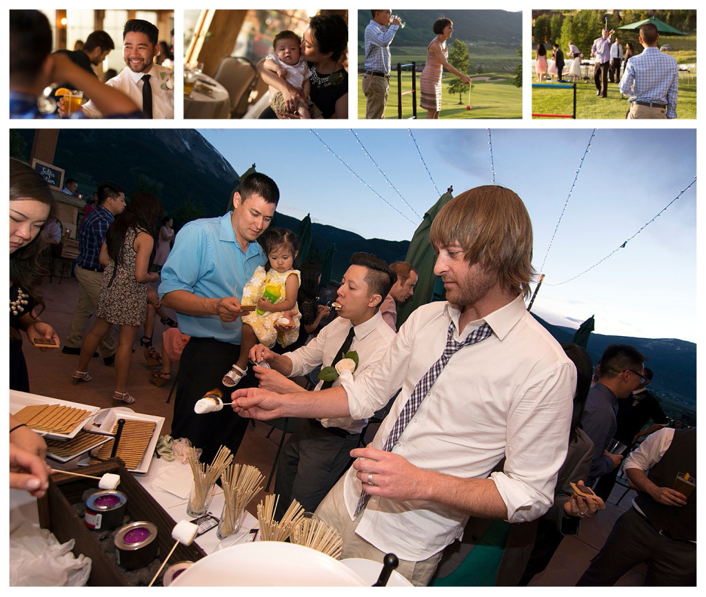 Wedding reception at The Club at Crested Butte couple roasting s'mores