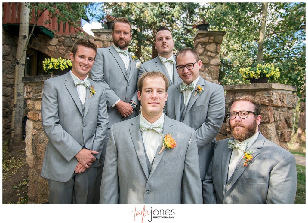 Mountain wedding groom and groomsmen portraits in Pine, Colorado