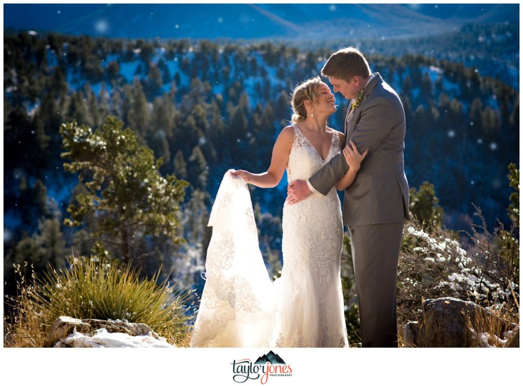 Mount Princeton Hot Springs wedding bride and groom first look in winter