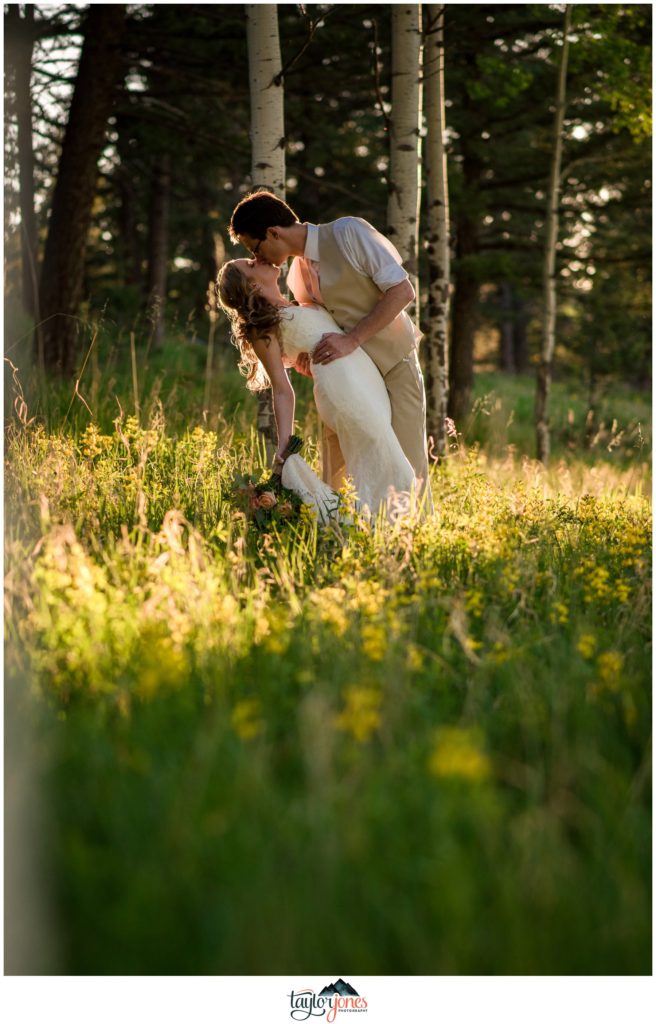 Evergreen Red Barn wedding couple portraits for Anna and Evan Johnson at sunset in aspens