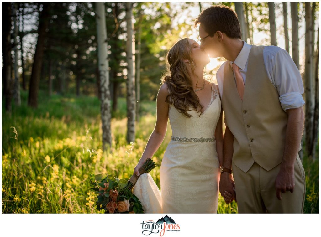 Evergreen Red Barn wedding couple portraits for Anna and Evan Johnson at sunset in aspens