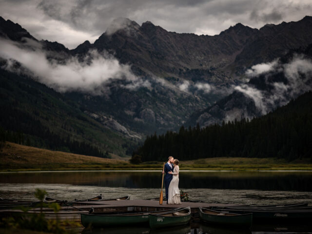 Piney River Ranch Wedding photos of bride and groom at the lake after a storm