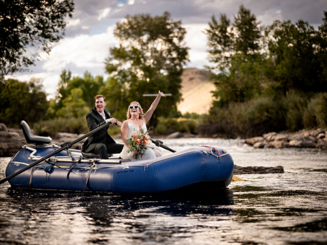 Couple in raft at their wedding at the Salida SteamPlant in Colorado