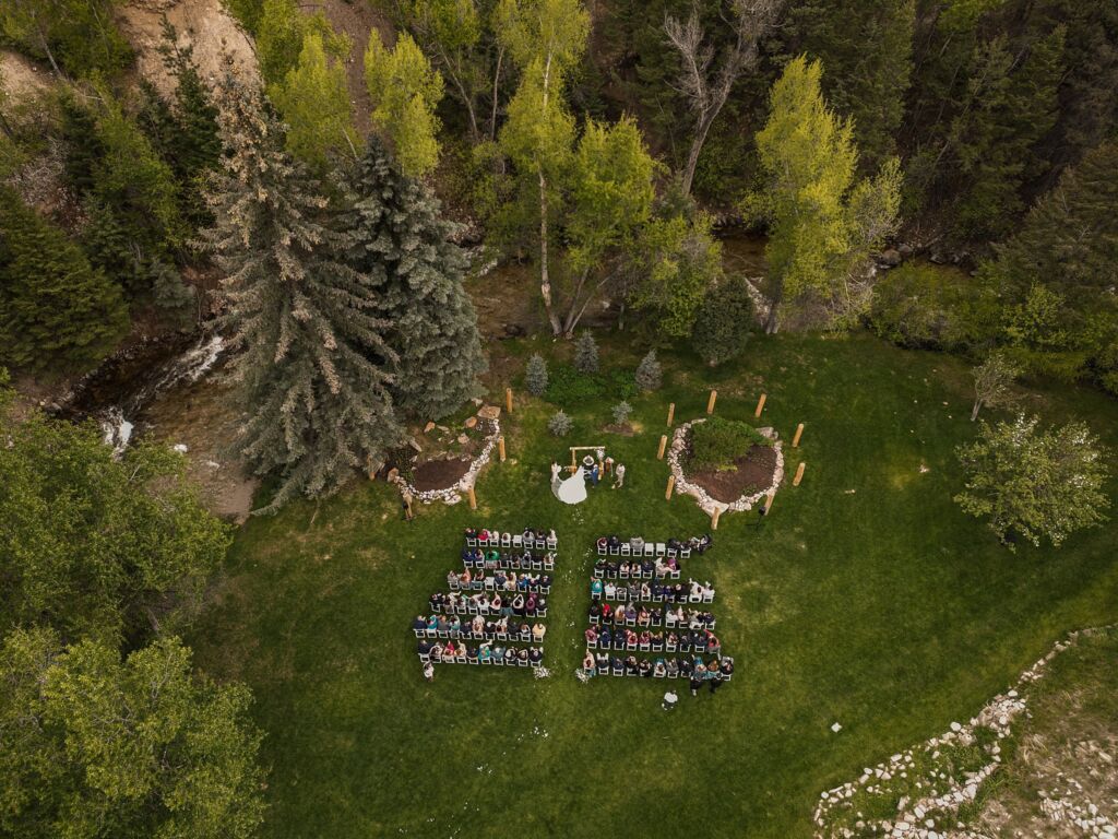 Drone shot at Mount Princeton hot springs wedding of Jarod and Brittany